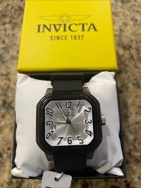 Invicta Silver Dial Women’s Square Watch with Black Strap